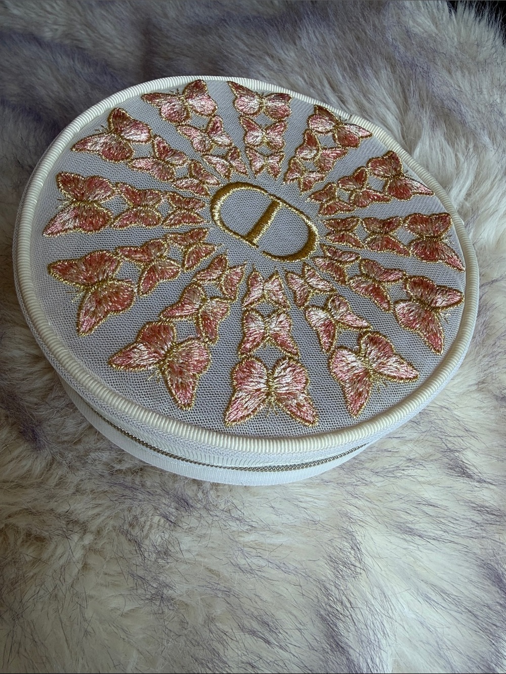 Dior Cream Round Cosmetic Case with Gold and Pink Butterfly Embroidery